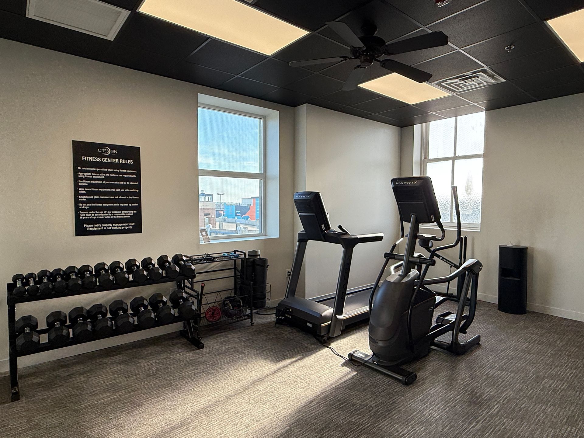 Bright gym room with treadmills, dumbbells, and large windows with city view.