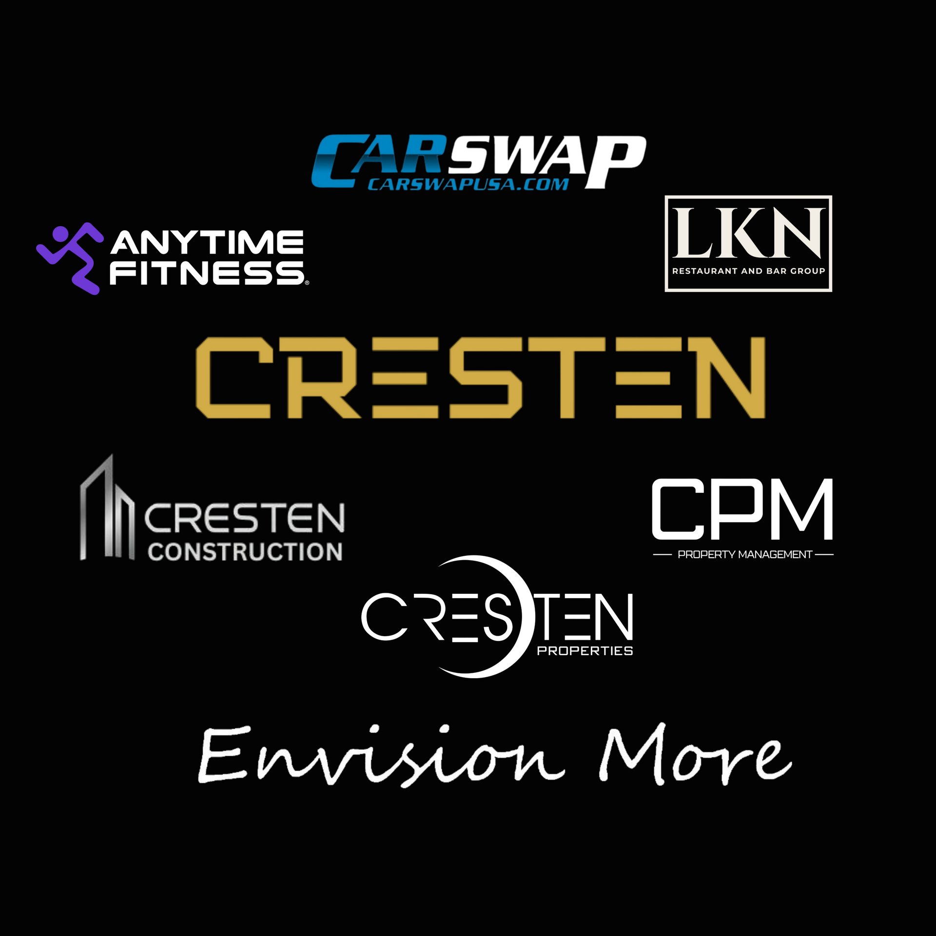 Black background collage of company logos: Cresten, Carswap, Anytime Fitness, LKN, CPM, Cresten Construction, and Envision More