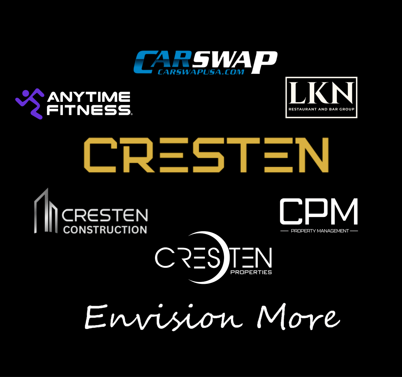 Black background with multiple company logos, featuring “CRESTEN” and the tagline “Envision More”