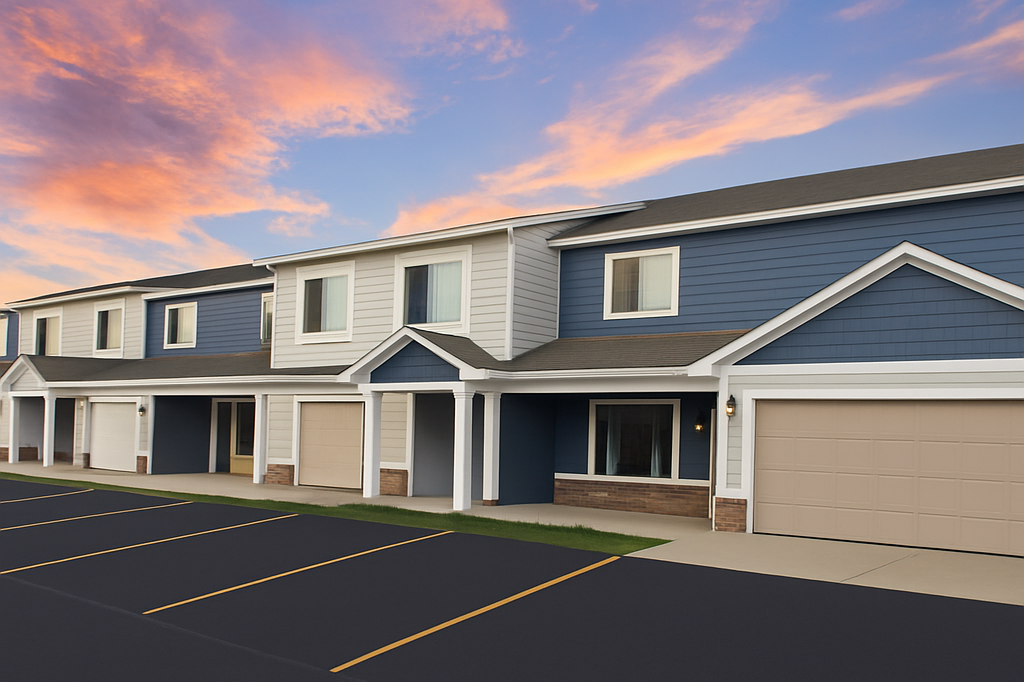 Row of beige townhouses with garages and empty parking spaces at sunset