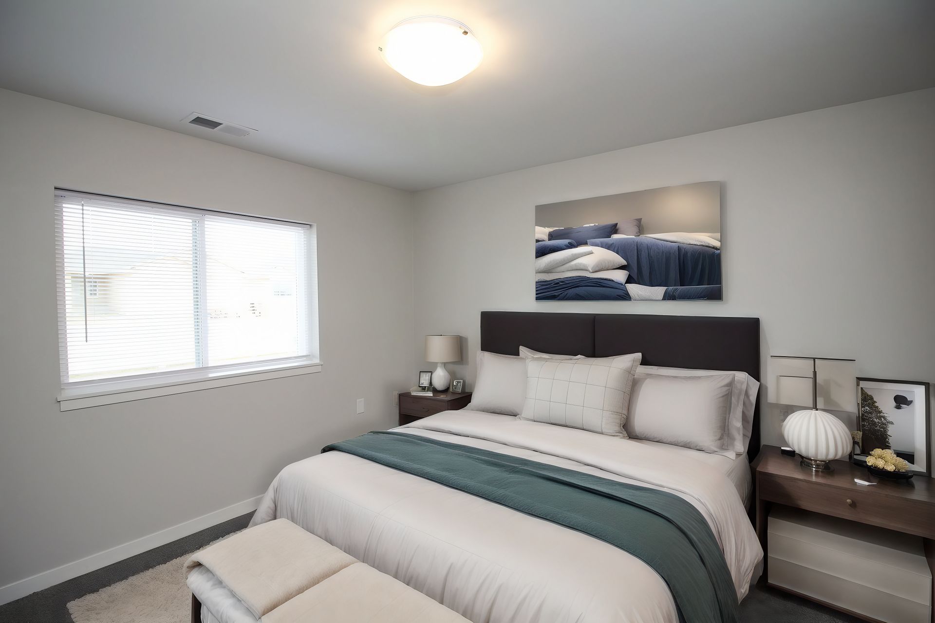 Bright bedroom with a gray bed, teal throw, bedside tables, and a window with blinds
