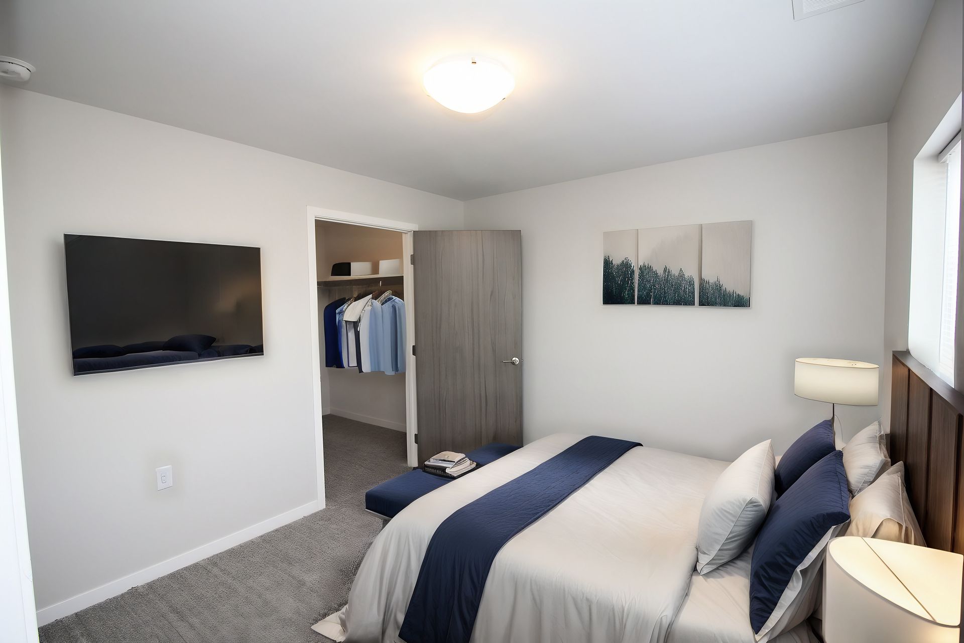 Bright bedroom with a bed, wall-mounted TV, open closet, and gray-and-blue decor