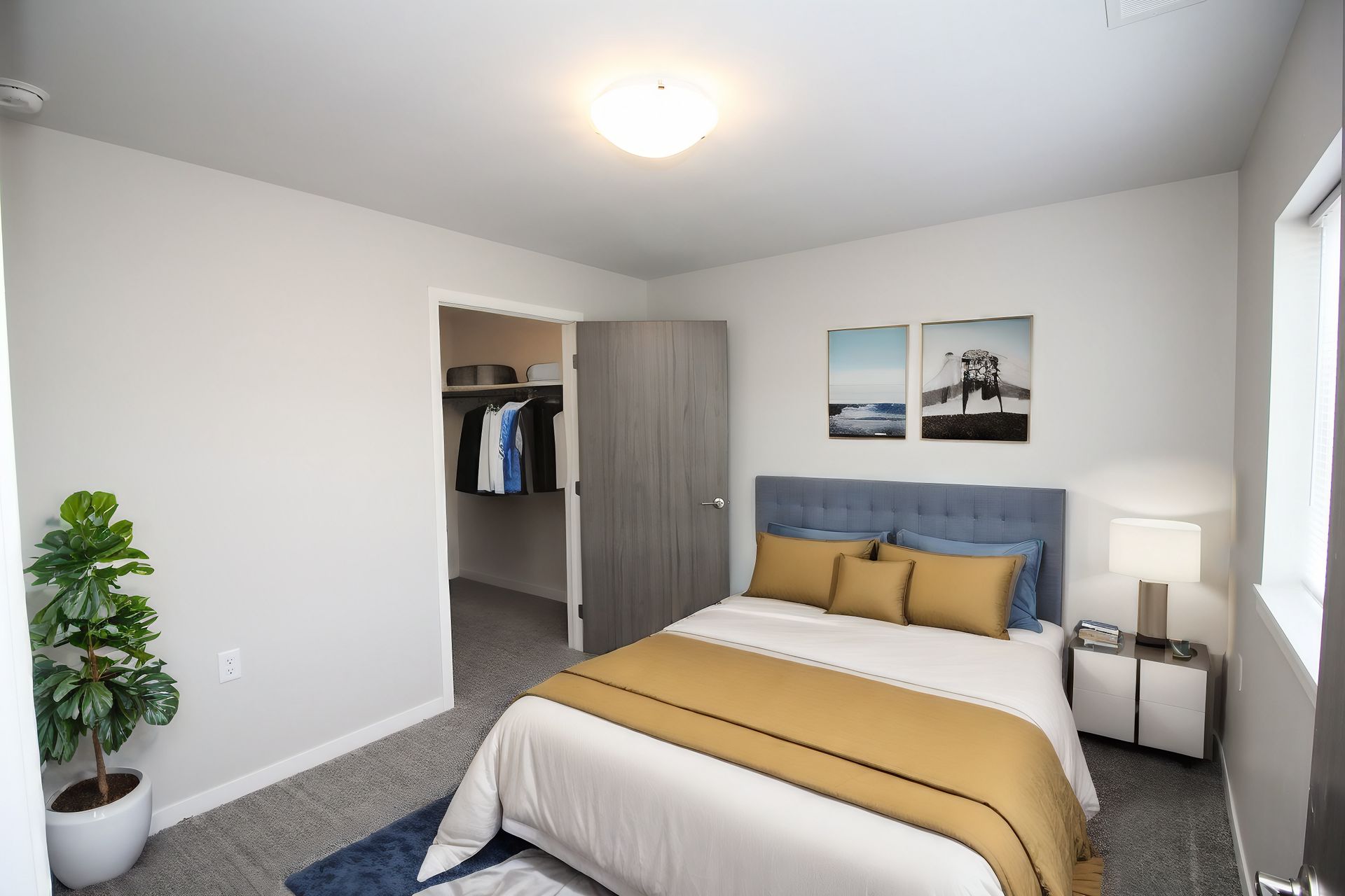 Bright bedroom with a bed, open closet, lamp, wall art, and a potted plant.