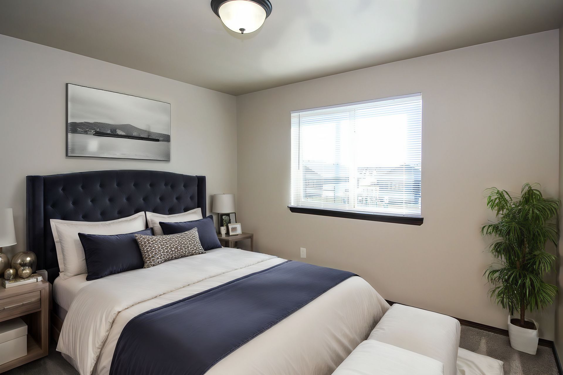 Neat bedroom with a dark tufted bed, navy bedding, window light, and a potted plant