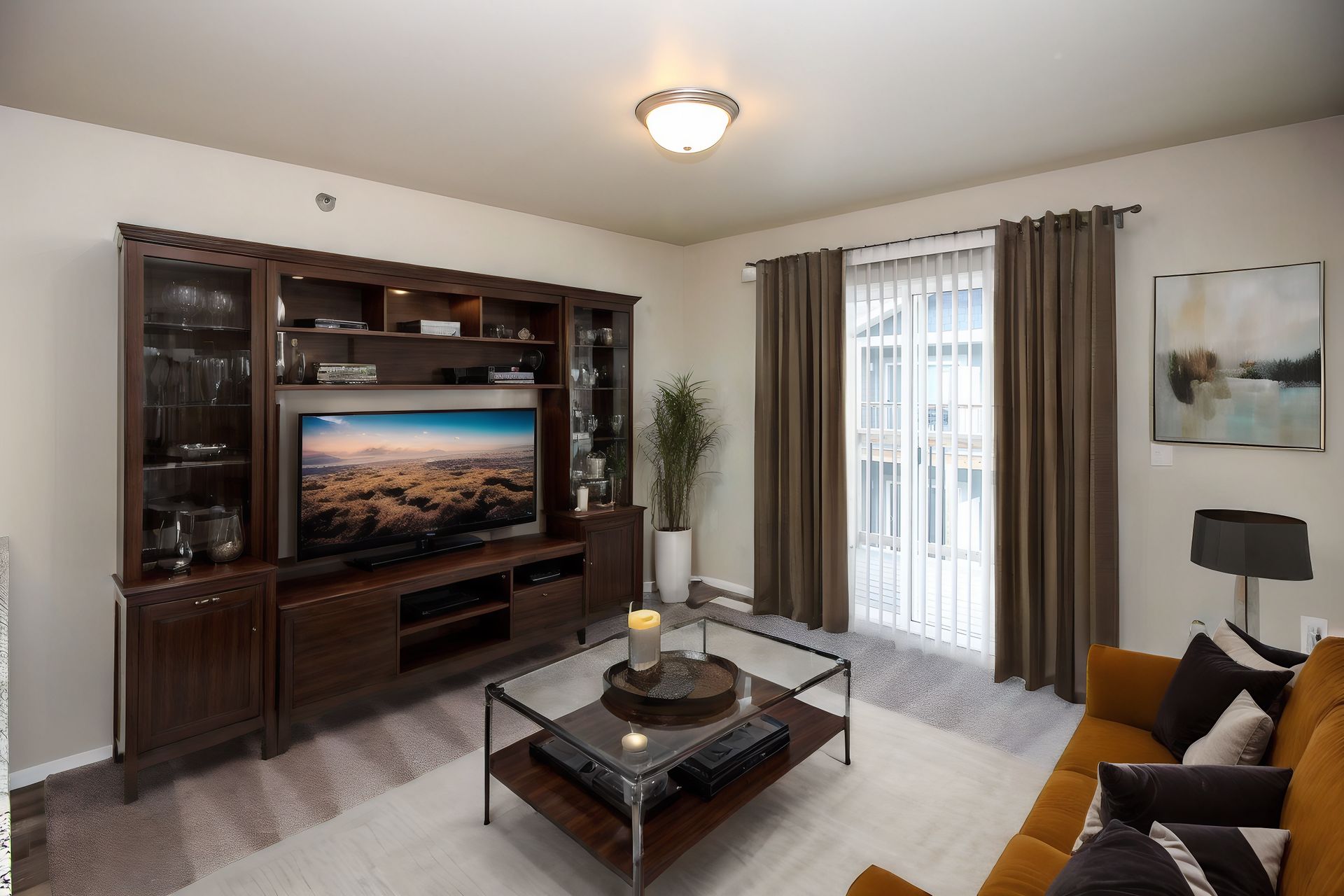 Bright living room with dark wood entertainment center, glass coffee table, sofa, and sliding glass door window treatments