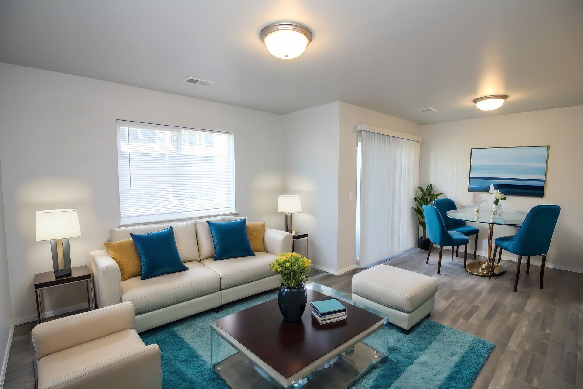 Bright living room with beige sofa, blue accents, coffee table, lamps, and dining area by the window