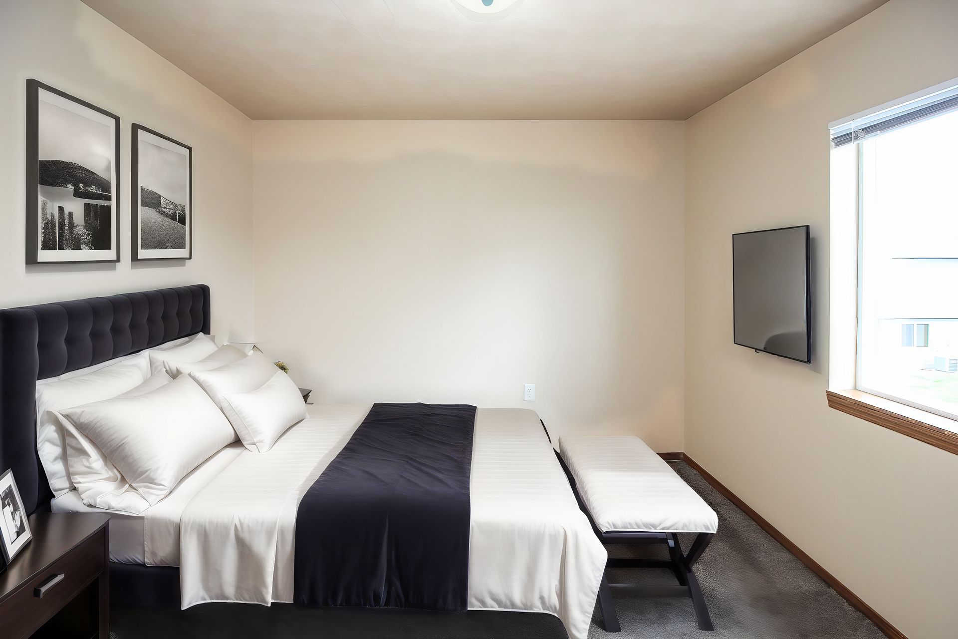 Modern bedroom with a bed, black bench, wall-mounted TV, and framed photos by the window.