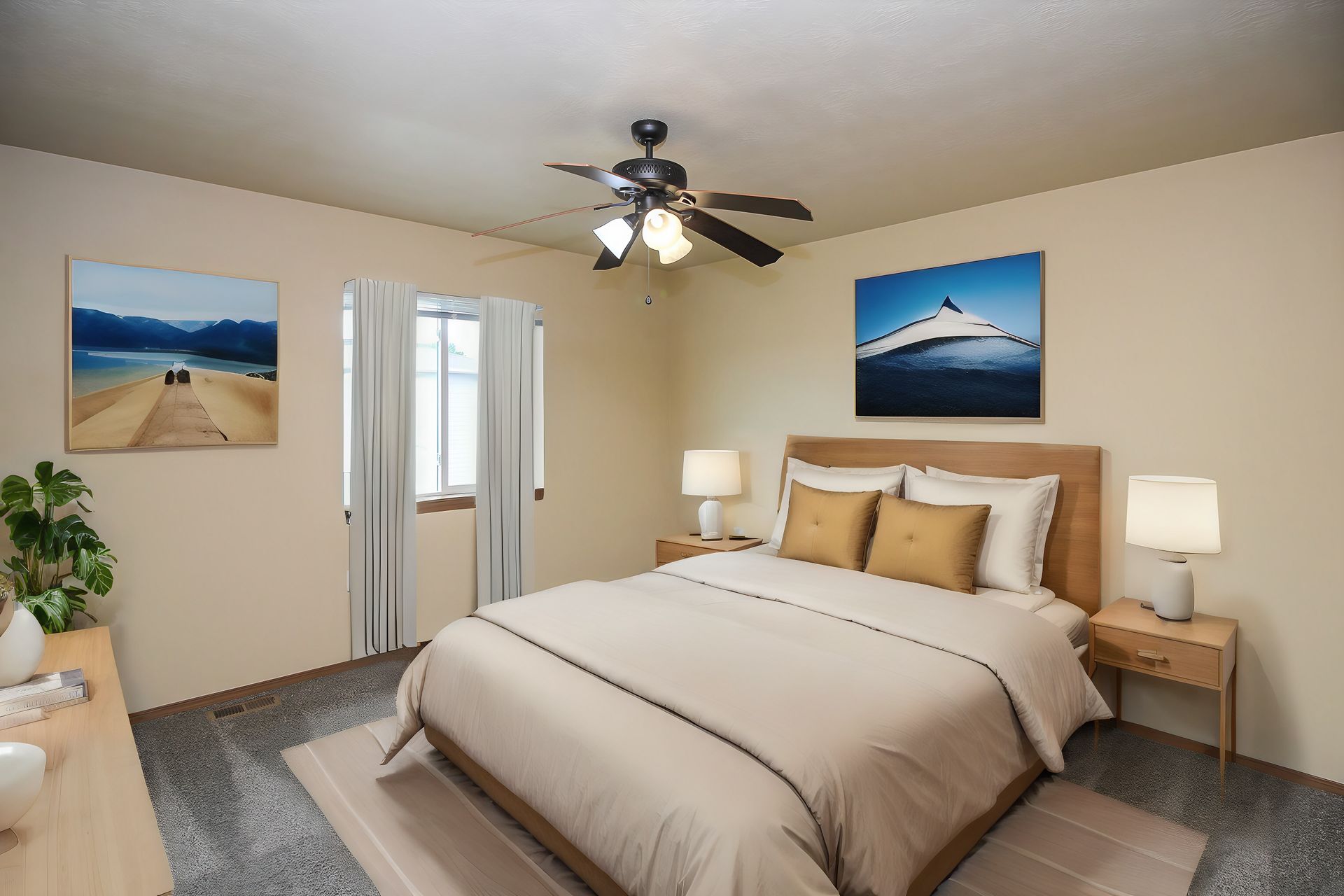 Bright beige bedroom with a king bed, ceiling fan, nightstands, and beach wall art