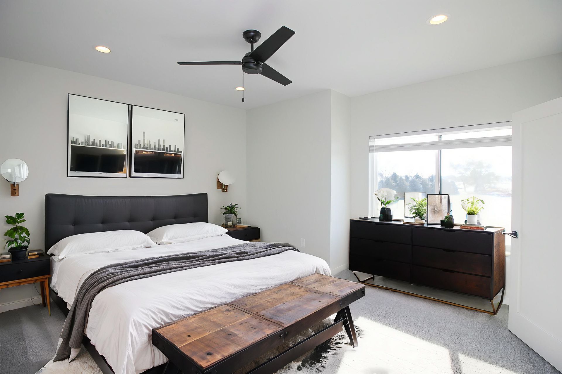 Bright bedroom with a bed, ceiling fan, wooden chest, and large window letting in daylight