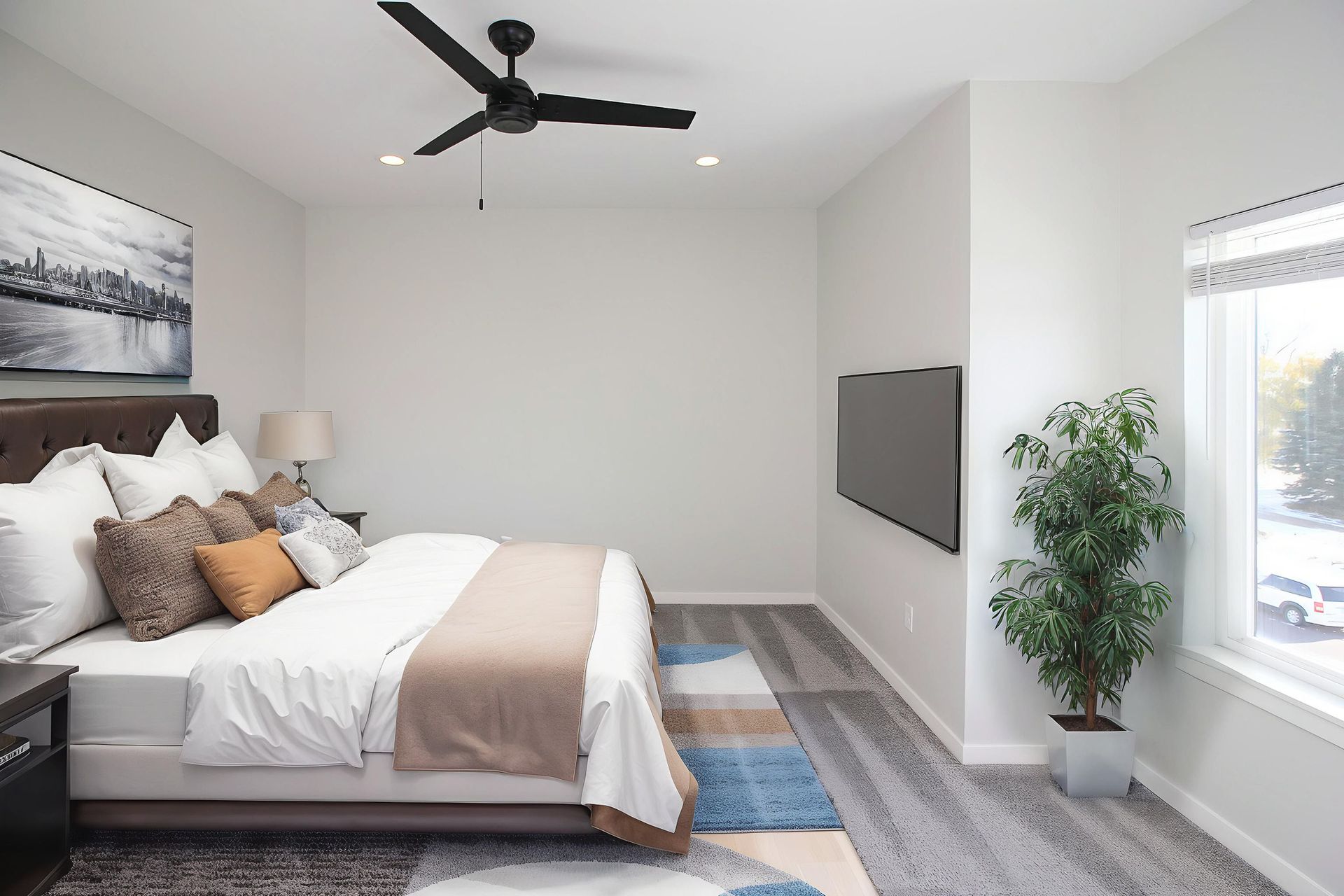 Modern bedroom with a bed, wall-mounted TV, ceiling fan, window, and potted plant