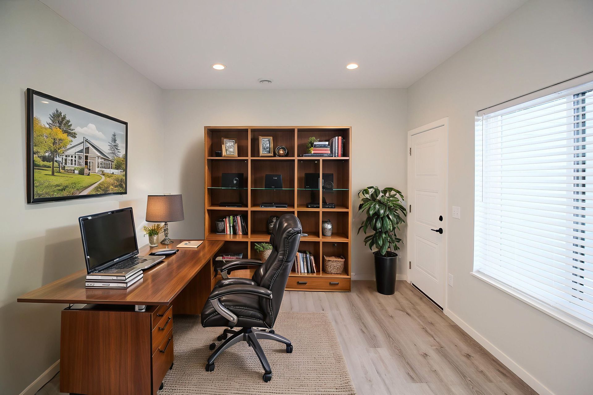 Home office with desk, computer, bookshelf, black chair, and large window blinds