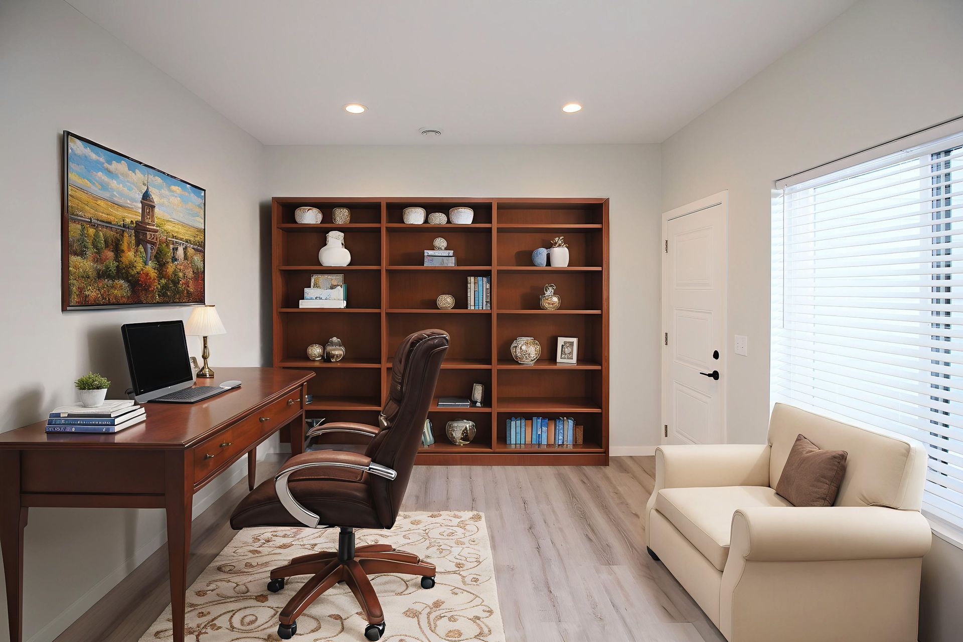 Home office with wooden desk, bookshelf, brown chair, beige sofa, and window blinds