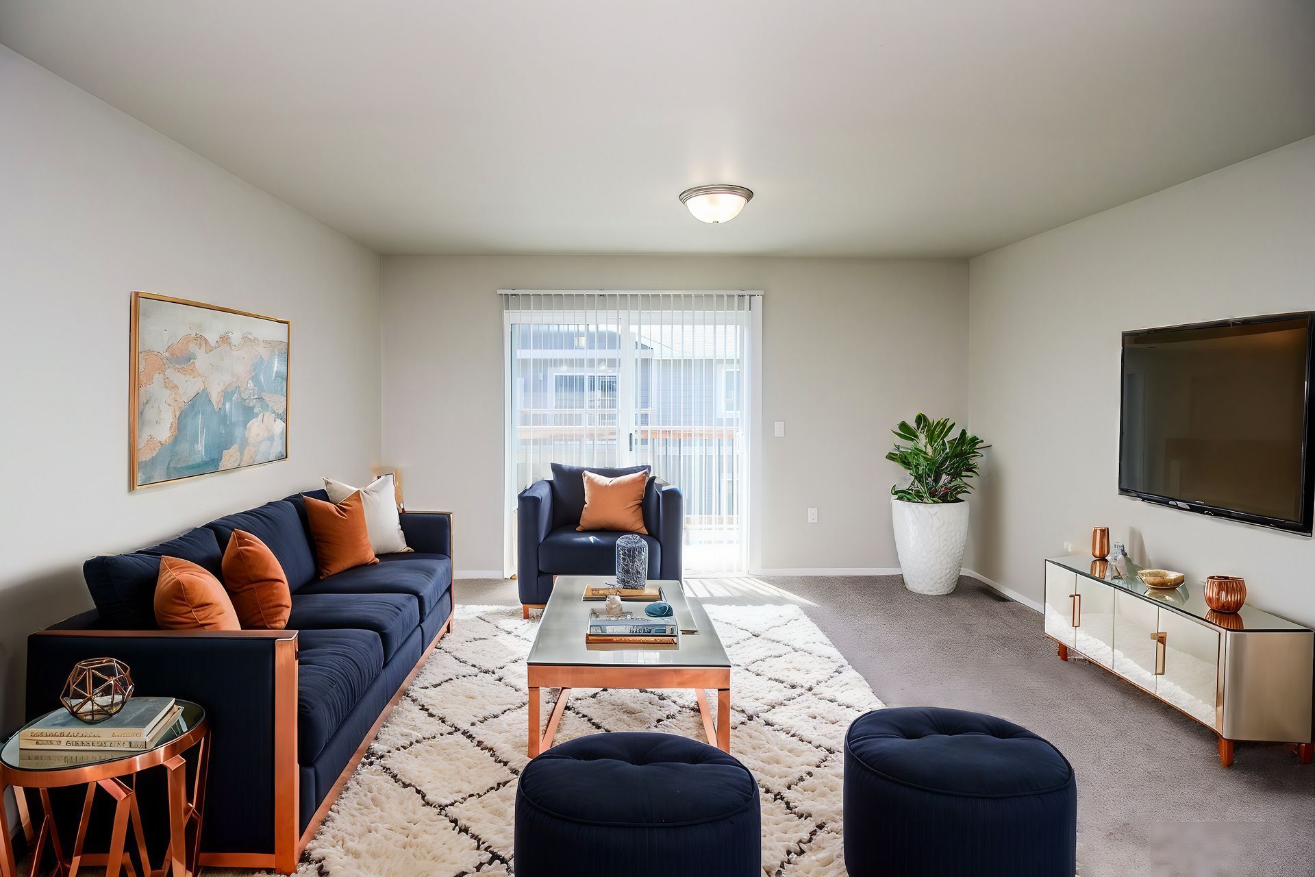 Bright living room with navy sofa, orange pillows, TV, rug, and large window.
