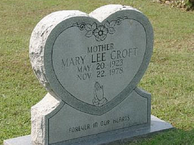 Heart-shaped granite headstone for Mary Lee Croft, inscribed with dates and 