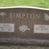 A granite headstone for Frank and Joyce Simpton, featuring their birth and death dates and wedding date of Oct 20, 1948.