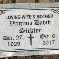 A gray granite grave marker for Virginia David Sickler, showing birth date Dec. 27, 1929, and death date Oct. 6, 2017.