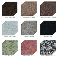 A grid of nine granite stone samples, each labeled with its name and country of origin.