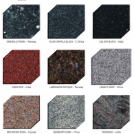 A grid of nine granite stone samples, labeled by color name and country of origin.
