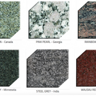 A grid of six granite stone samples with labels including Pink Pearl, Steel Grey, and Wausau Red.