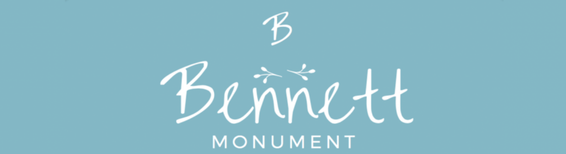 Logo for Bennett Monument in white script text on a solid light blue background.