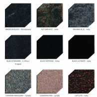 A grid showing nine samples of various granite stone colors and textures with their names and origins.