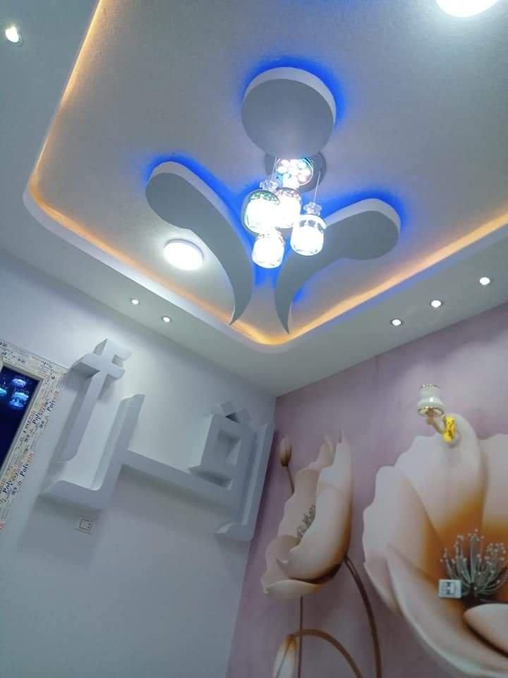 Un soffitto con un moderno apparecchio di illuminazione, luci d'accento a LED blu e pannelli decorativi a parete con grandi motivi floreali.