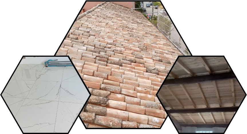 Un collage che mostra piastrelle bianche del pavimento screpolate, un tetto di tegole di terracotta consumato dagli agenti atmosferici e una vista delle travi di legno a vista del soffitto.