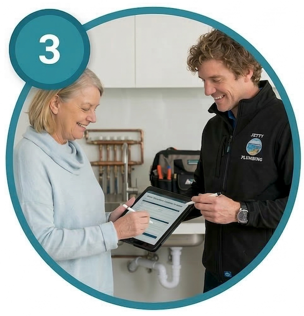 Jetty Plumbing plumber explaining upfront pricing to a homeowner before starting work.