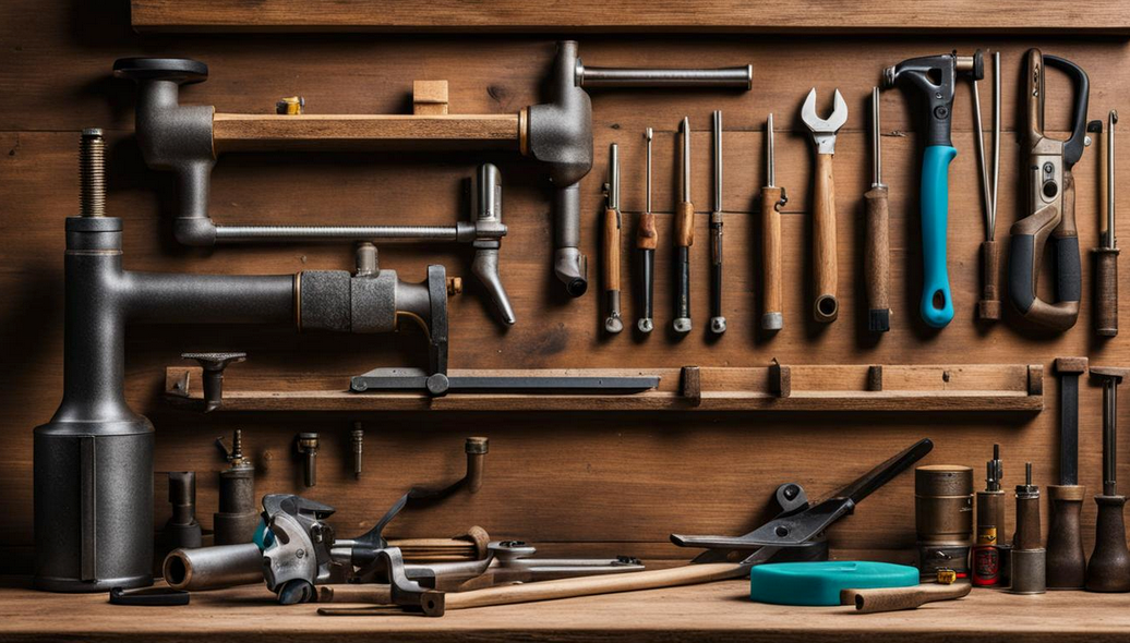 An array of must-have plumbing tools neatly organised on a wooden workbench, with some tools hanging from pegs on the wall in the background.