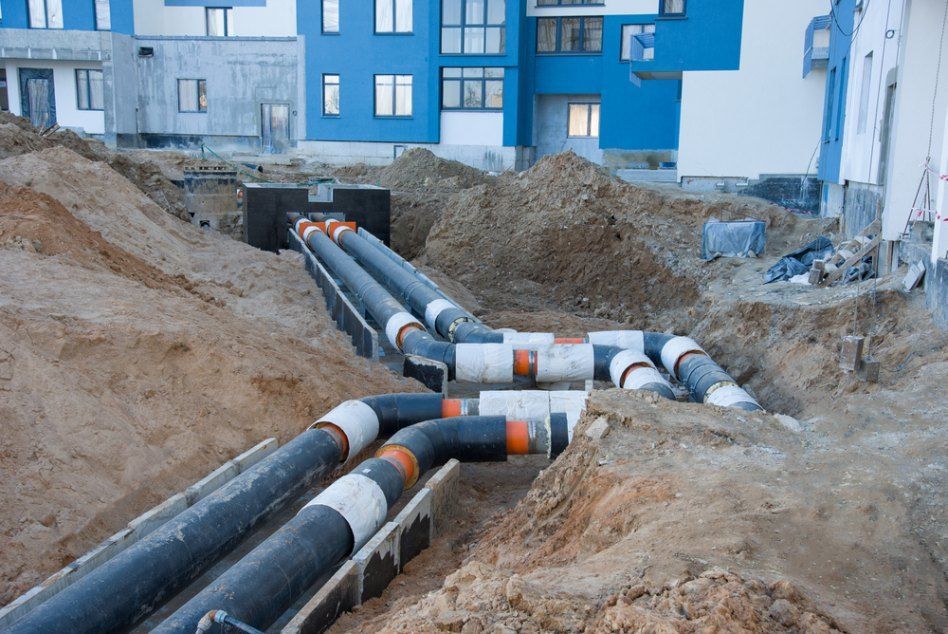 A bunch of pipes are laying in the dirt in front of a building — Bennettron Demex in Corindi Beach, NSW