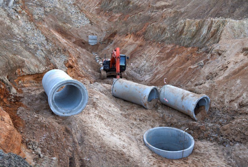 A construction site with concrete pipes and a bulldozer in the background — Bennettron Demex in Corindi Beach, NSW