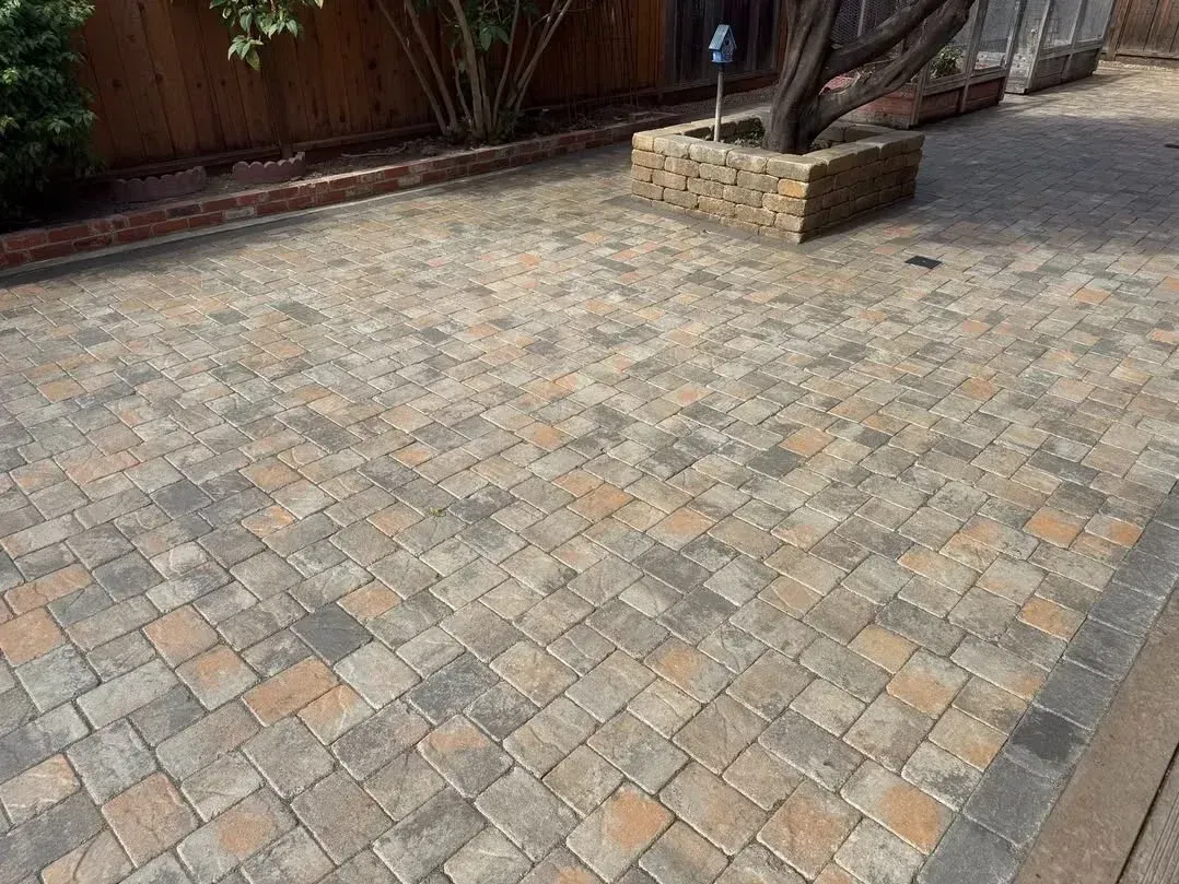Brick-paved courtyard with a small tree planter and wooden fence in the background