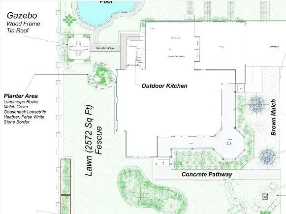 Landscape plan showing a gazebo, planter area, lawn, concrete pathway, and green kitchen area