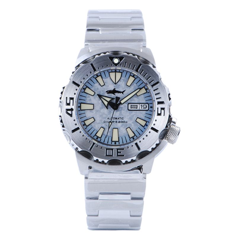 A silver watch with a blue face has the number 15 on it