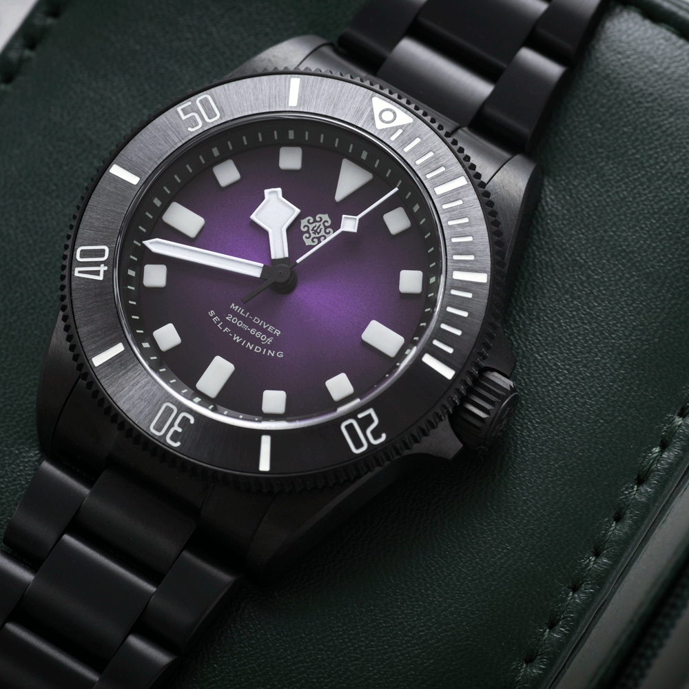 A black watch with a purple face and white numbers