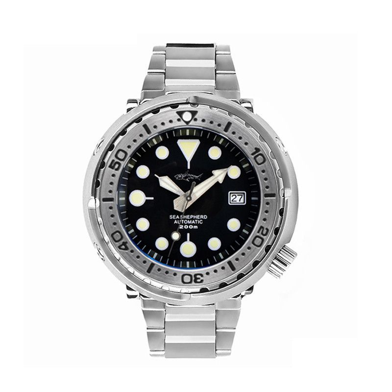 A silver and black watch with a stainless steel band on a white background.