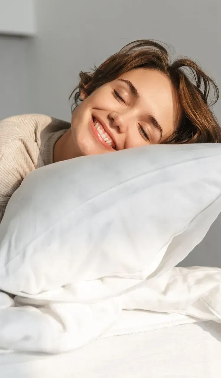 Mulher sorrindo, com o rosto apoiado em um travesseiro branco sobre uma cama.