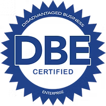 Blue DBE Certified Disadvantaged Business Enterprise seal.