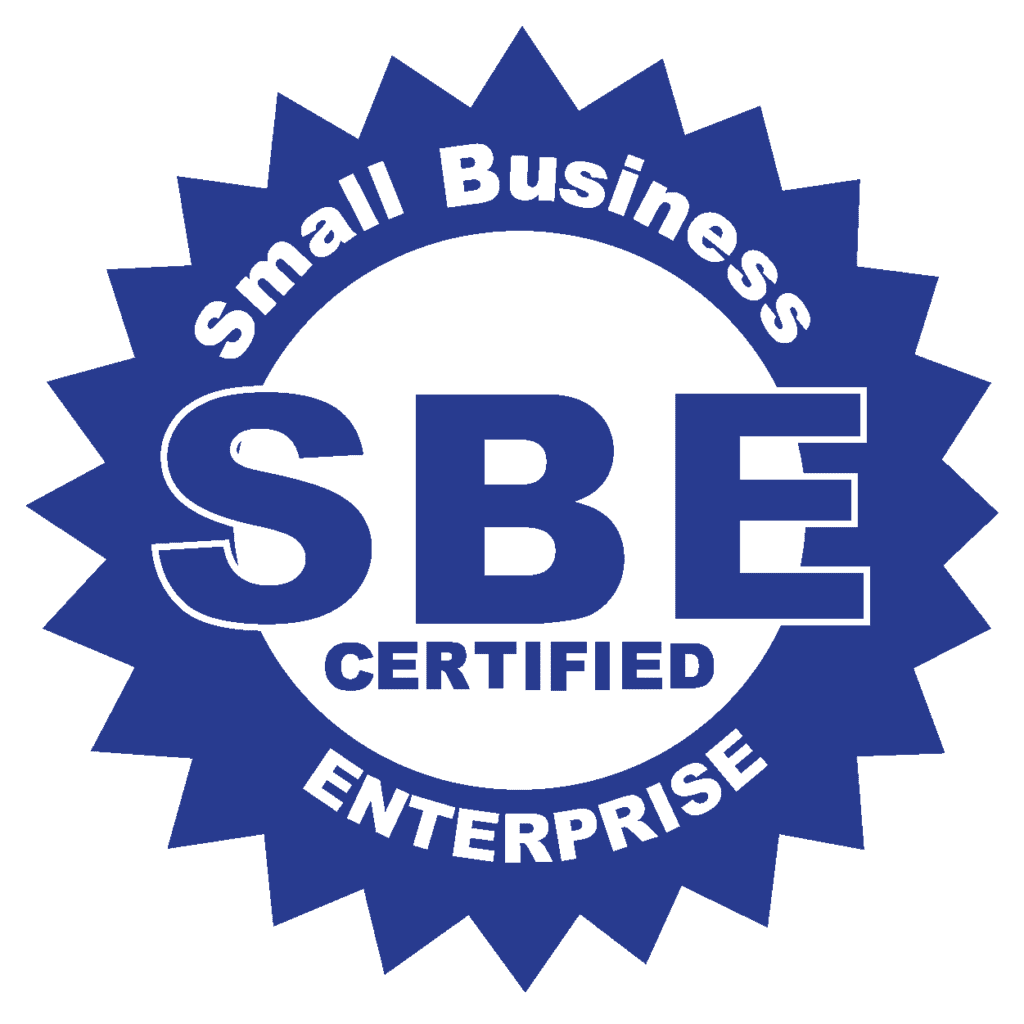 Blue and white Small Business Enterprise certification seal.