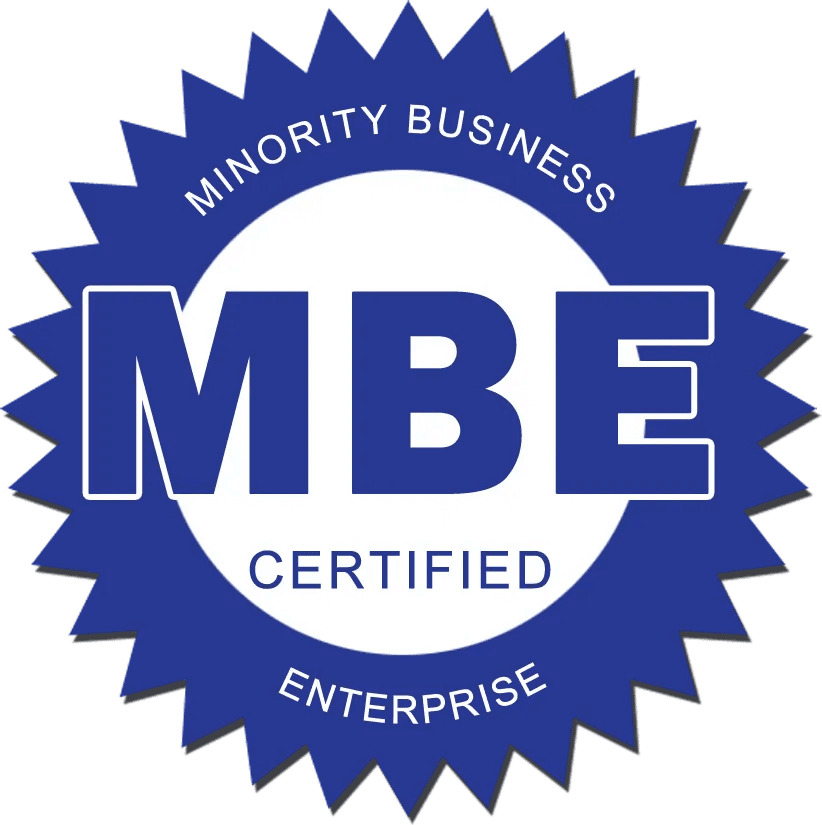 Blue MBE (Minority Business Enterprise) certified seal with white text and a starburst border.