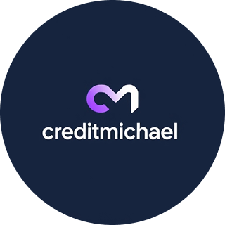 Credit Michael logo: White text on a dark blue circle. The logo symbol is a purple and white stylized 