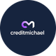 Credit Michael logo: White text on a dark blue circle. The logo symbol is a purple and white stylized 