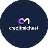 Credit Michael logo: White text on a dark blue circle. The logo symbol is a purple and white stylized 