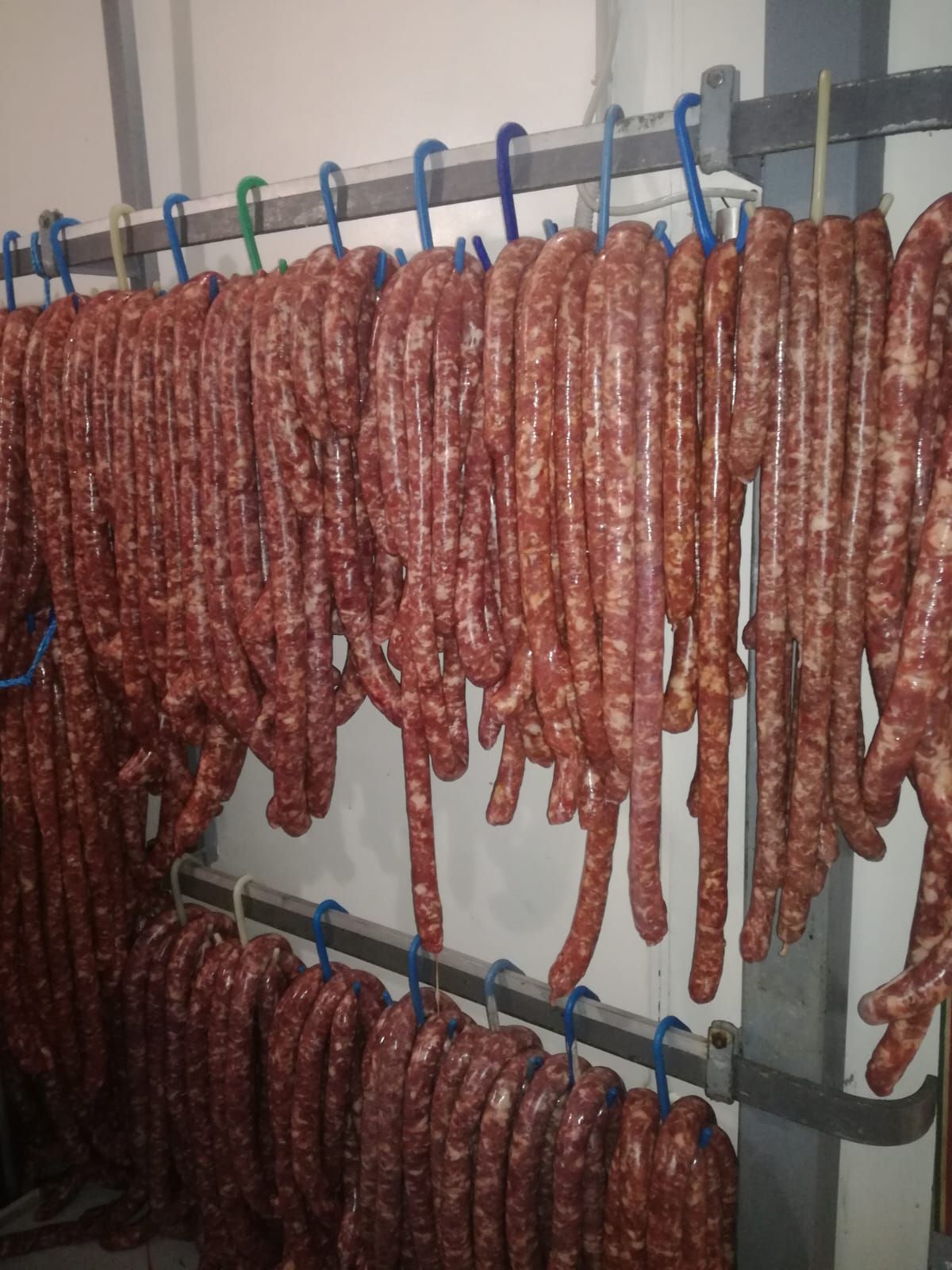 File di salsicce appese a ganci blu su rastrelliere metalliche.