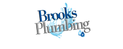 Logo for Brooks Plumbing featuring the company name, water splash, and a drop with the initials 