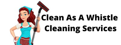 Woman in a teal apron holds a vacuum. Text: Clean As A Whistle Cleaning Services.