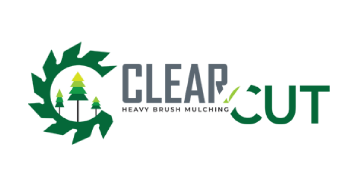 Logo for Clear Cut, heavy brush mulching service, featuring a saw blade, trees, and text.