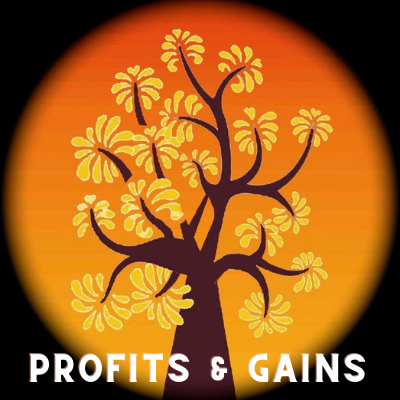 Brown tree with yellow flowers against an orange and yellow backdrop; the words PROFITS & GAINS appear below.