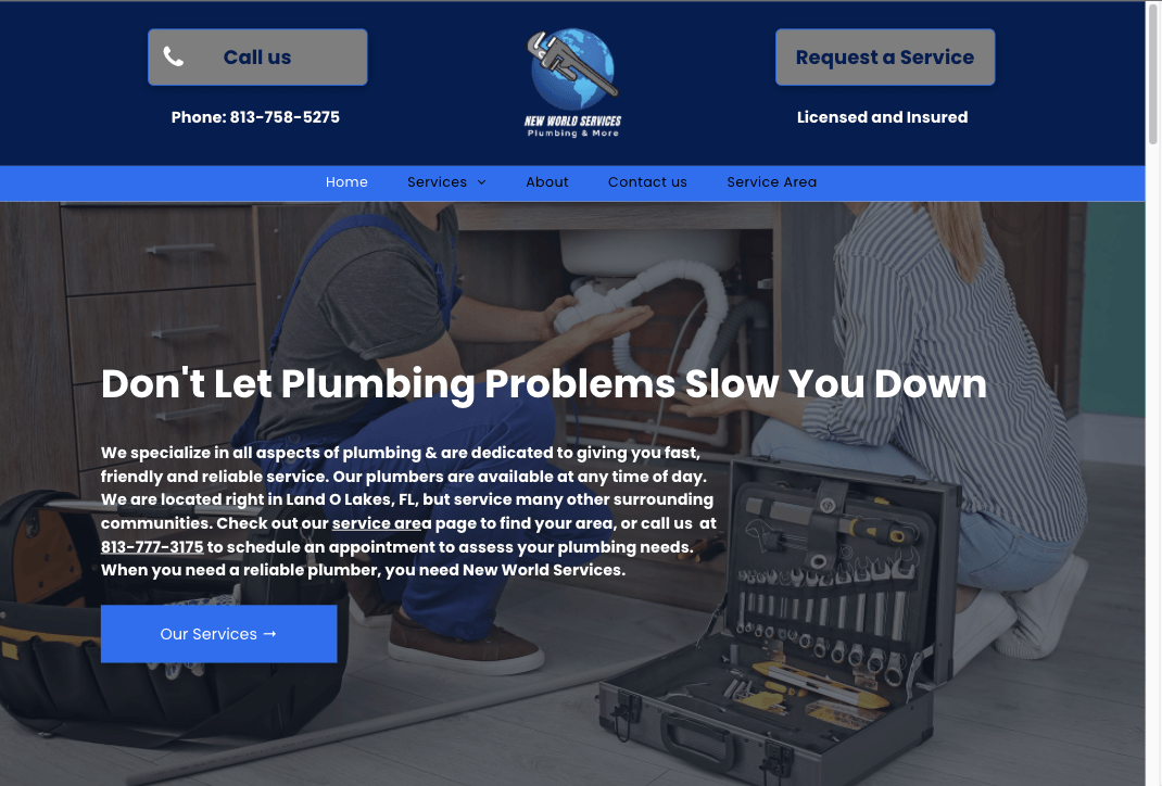 Plumber fixing sink with homeowner; toolkit in foreground. Website design with blue header.