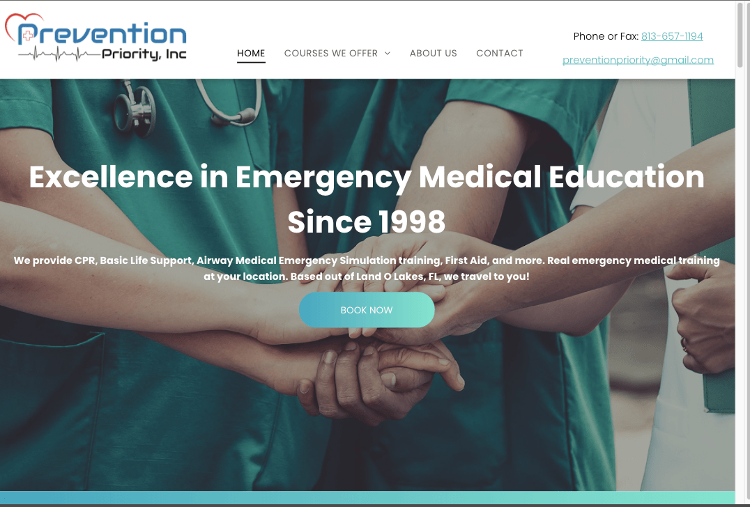 Prevention Priority, Inc. website homepage with medical professionals holding hands.